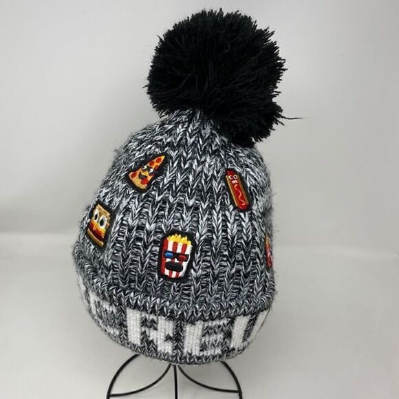 A Child’s Place S/M Child Chunky Knit Warm Crew Pizza Black Beanie Pom Pom Hat - Picture 4 of 10